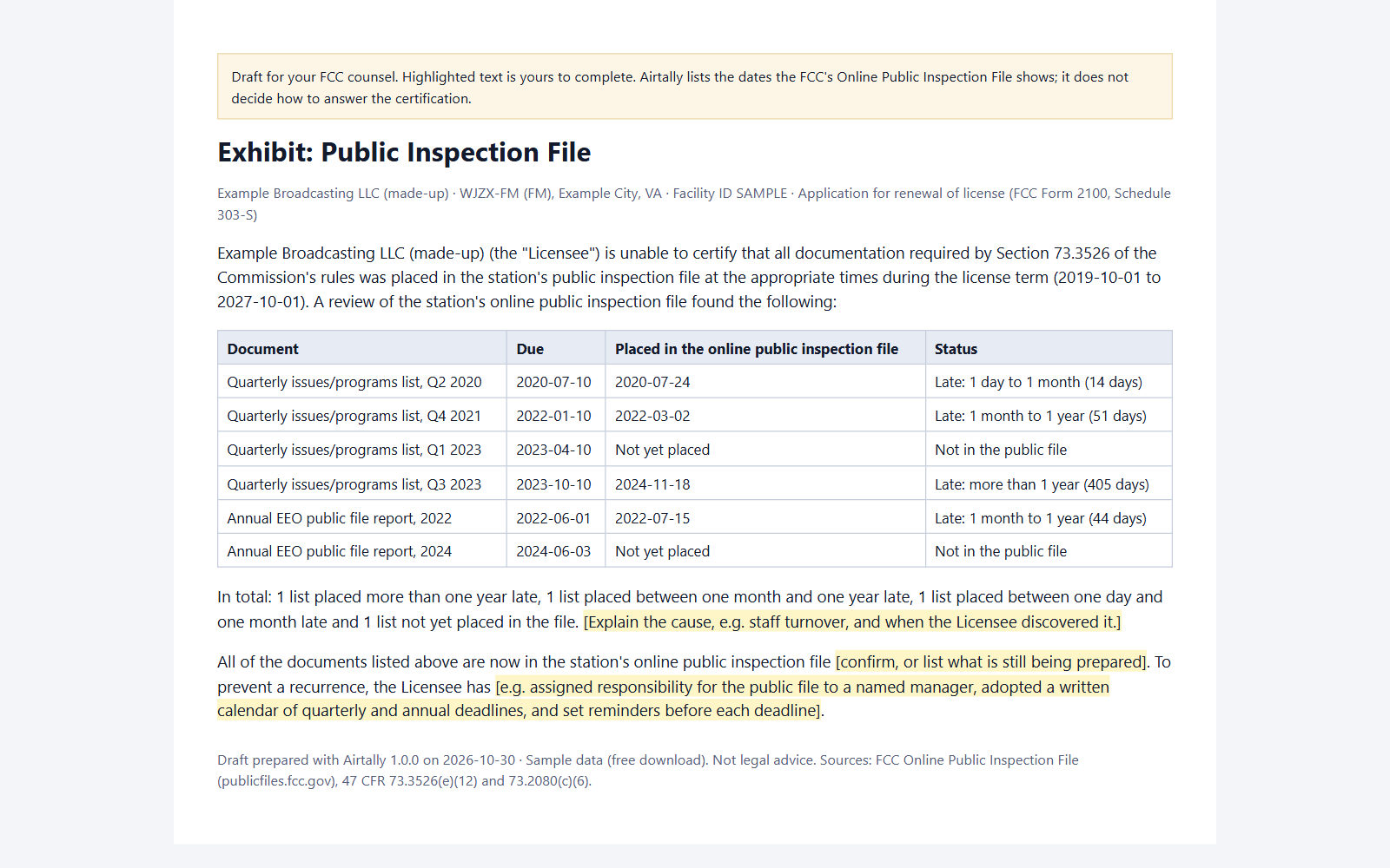 The draft public file exhibit for Schedule 303-S: each late or missing document with its due date and upload date.